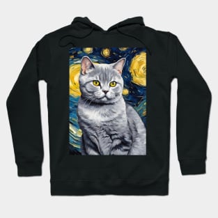 Cute British Shorthair Cat Breed Painting in a Van Gogh Starry Night Art Style Hoodie